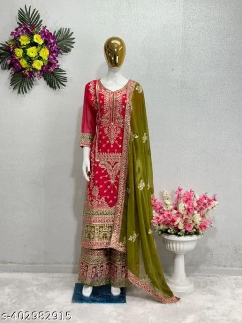 Brulry Women's Pink Color Georgette Round Neck straight Kurta Pant With Dupatta