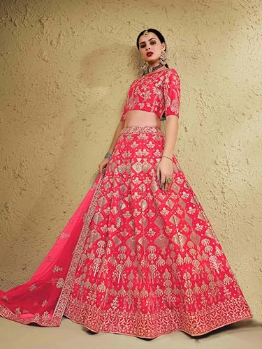 Zeel Clothing Women's Thread Sequins Embroidery Silk Bridal New Semi-stitched Lehenga Choli Set With Dupatta(7055-Peach-Wedding-Bridal-Stylish-Latest; Free Size)