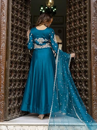 TRENDMALLS Women's Art Silk Embroidery Work Anarkali Kurta Pant with Net Dupatta Set For Women (G333-Morpeach-3XL)