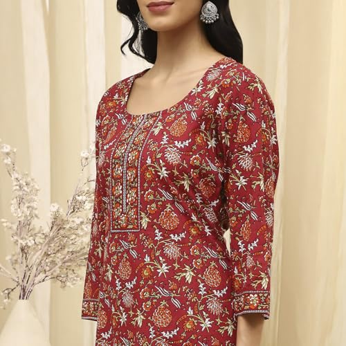 BIBA Women Brown Cotton Screen Print Unstitched Suit Set_FREE SIZE