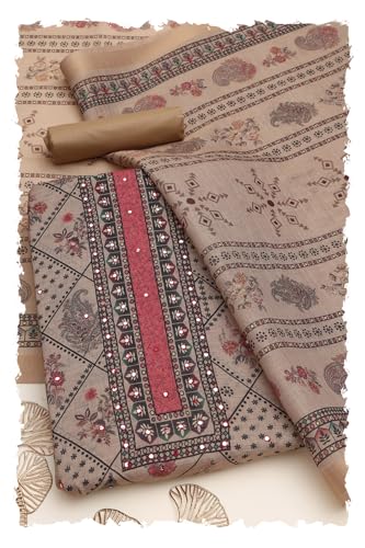 Soch Womens Beige Linen Shimmer Paisley Print Dress Material With Faux Mirror