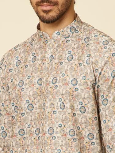 Manyavar Mens Beige Blended Cotton Printed Short Kurtas