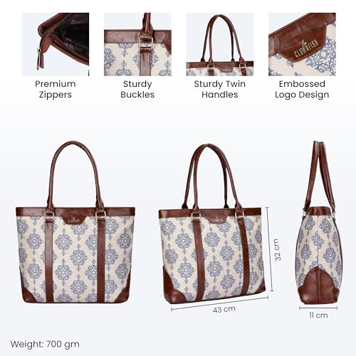 THE CLOWNFISH Miranda Series 15.6 inch Laptop Bag For Women Printed Handicraft Fabric & Faux Leather Office Bag Briefcase Hand Messenger bag Tote Shoulder Bag (Off White)