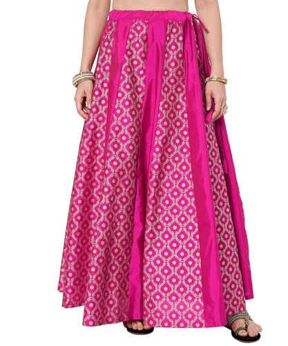 studio rasa Women's Silk Blend Block Printed Kalidaar Skirt for Wedding Festive Party(SKTC62510L_Pink_Large)