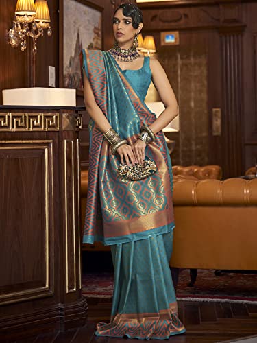 AKHILAM Women's Woven Design Silk Blend Saree With Unstitched Blouse Piece (Turquoise_KAZAH271001)
