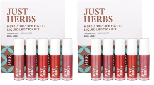 Just Herbs Ayurvedic Liquid Lipstick Kit Set of 5 with Long Lasting Matte Finish, Hydrating & Lightweight Lip Colour, Deeps & Reds - Paraben & Silicon Free - 5 ml (Pack of 2)