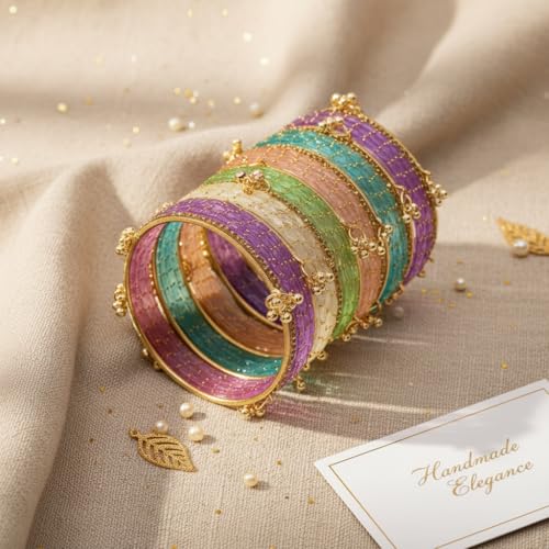 KAYASHA Multicolor-03 Kashmiri Ghangharoo Glass Bangle Set of 32 | Light Weight Traditional Transparent Fancy Chudi Set for Wedding, Party set of 32 (18 Glass + 14stone and Ghungroo Bangles)