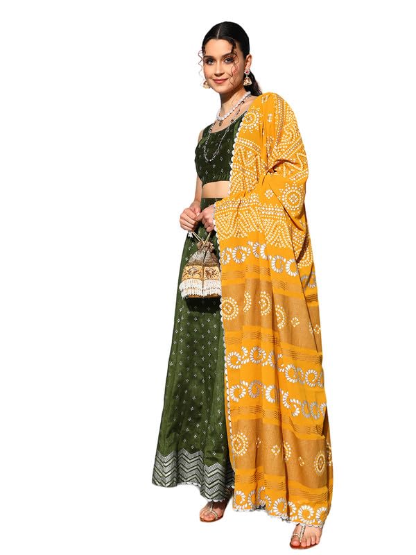 Ahalyaa Olive Green & Silver-Toned Printed Ready to Wear Lehenga & Blouse With Dupatta