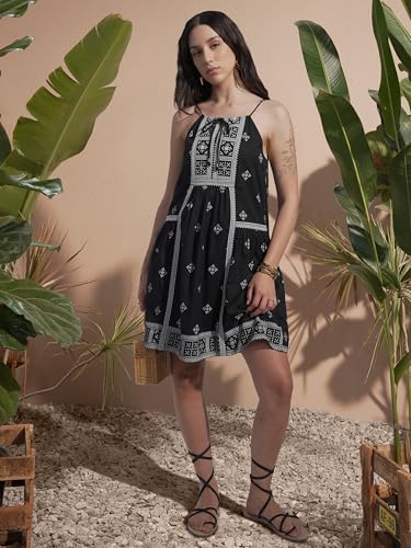 Vishudh Women Sleeveless Tie Neck Dress VVa1000097 Black XL