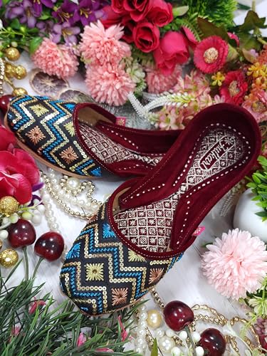 Fulkari Women Black Sisa Gold Multi Casual Genuine Soft Leather Jutis | Bite and Pinch Free Juttis | Punjabi Jutti | Girl's Office Flat Ladies Mojari | dailywear Ethnic Juti | 41