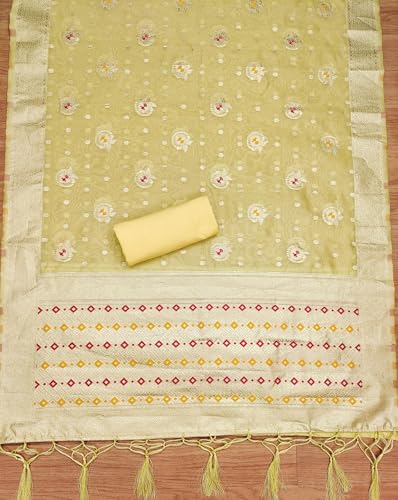 Leeli Peeri Designer Women's Yellow Organza Zari Woven Ethnic Motif Unstitched Dress Material(806PDM4)