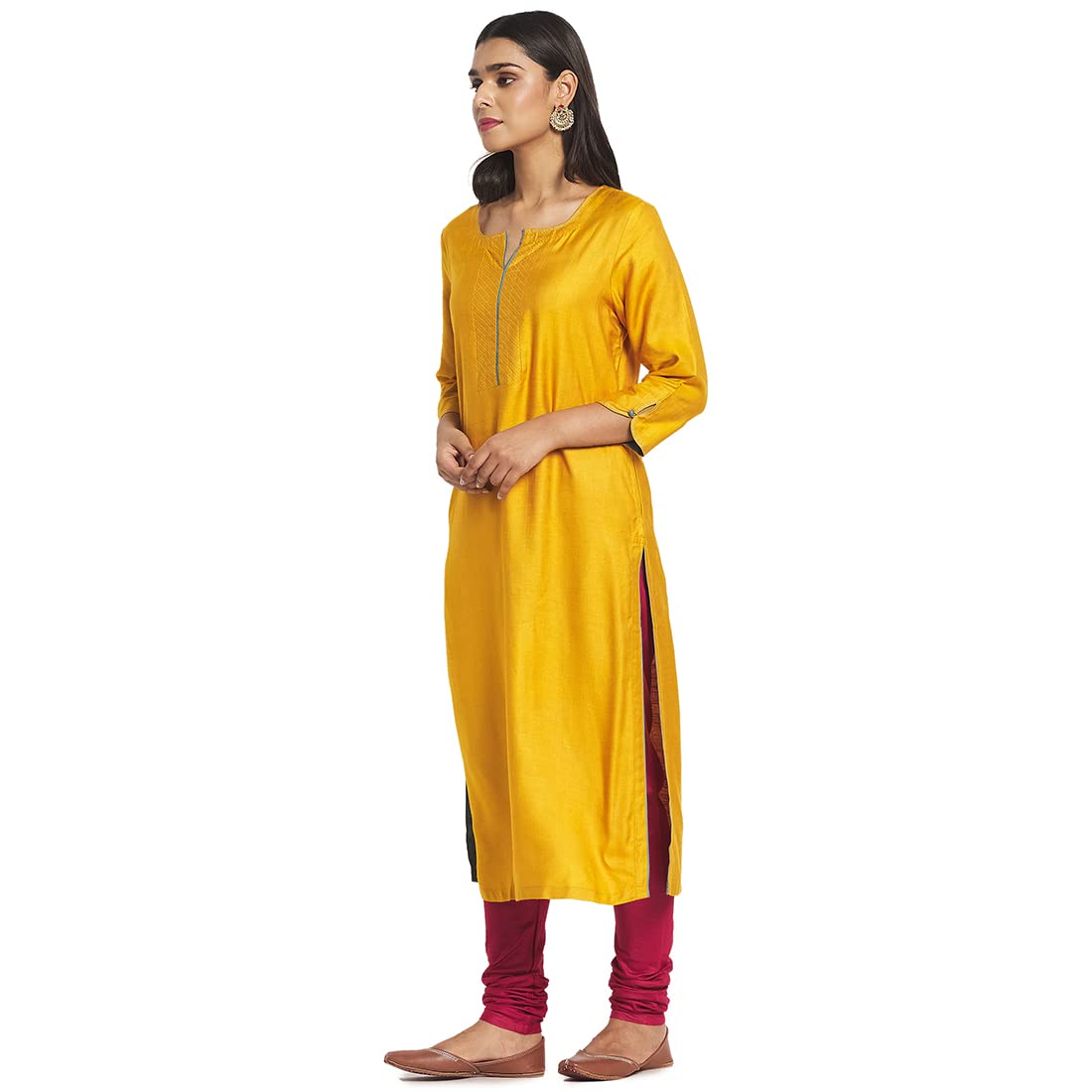 Fabindia Women Viscose Silk Embroidered Long Kurta Yellow_L