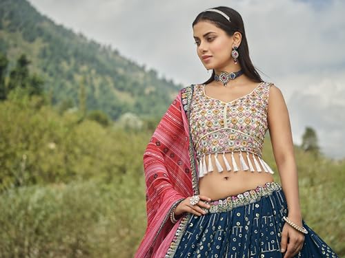 Divine Exim Women's Georgette Semi Stitched Lehenga Choli with Dupatta | Thread and Sequin Embroidery Pattern | Traditional, Wedding, Ethnic Wear Lehenga (Blue)