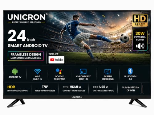 UNICRON 24”INCH Frameless HD Ready Android Smart LED TV | WiFi Enabled | Built-in Apps Compatible (YouTube, Netflix, Prime Video) | HDMI, USB Connectivity | Slim & Stylish UN24S