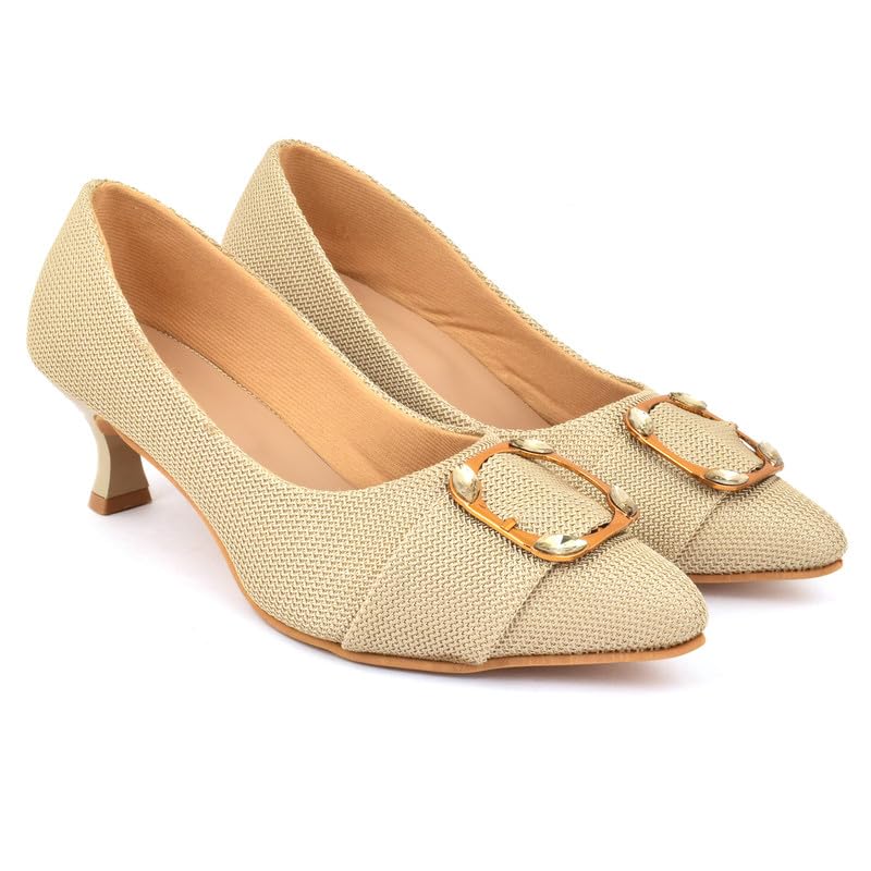 XE Looks Women's Beige Elegant Pointed Toe Heels | Beige Textured Design with Gold Buckle Accent | Stylish & Comfortable Kitten Heels For Girls & Women