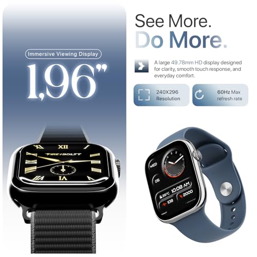 Fire-Boltt Ninja X Ring Smart Watch with 1.96” Large Display, Bluetooth Calling, Wireless Charging, AI Voice Assistant, 500+ Watch Faces, Health Suite, Smart Watch for Man & Woman – Blue S