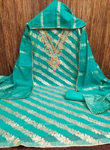 Leeli Peeri Designer Women's Banarasi Jacquard Embroidery Work Unstitched Salwar Suit Dress Material