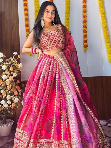 AG Clothing Women's Organza Semi Stitched Lehenga Choli With Dupatta | Floral Digital Print With Sequin Embroidery Pattern | Traditional, Wedding, Ethnic Wear Lehenga (ZC-7072-Pink)