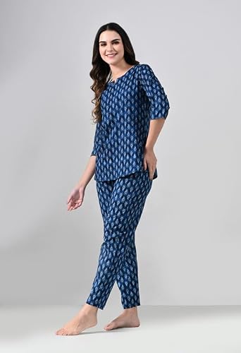 Ichaa Women Cotton Printed Night Wear Top and Payjama Night Suit Set, Blue, Large