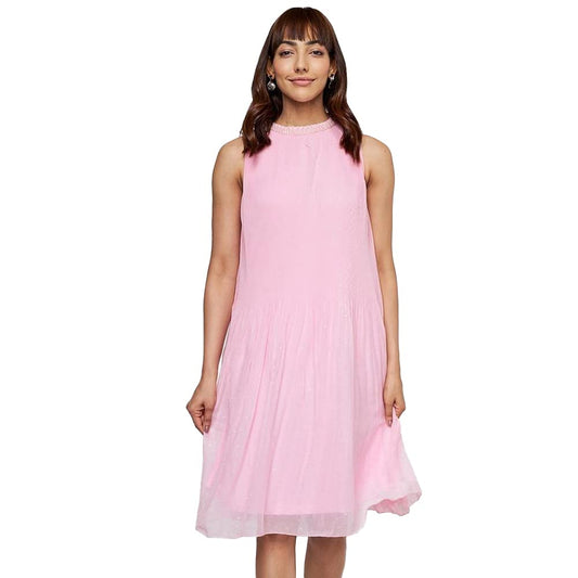 AND Women's Polyester Trapese Calf Length Dress (FW22AJ043DRPL_Pink_S)