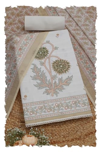 Soch Womens Off White Linen Blend Floral Print Unstitched Dress Material With Beads