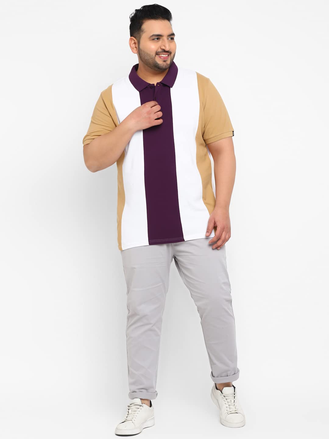 Urbano Plus Men's Off White, Purple, Khaki Colour-Block Regular Fit Half Sleeve Cotton Polo T-Shirt (pluspolocbp-008-ofwhipurkha)