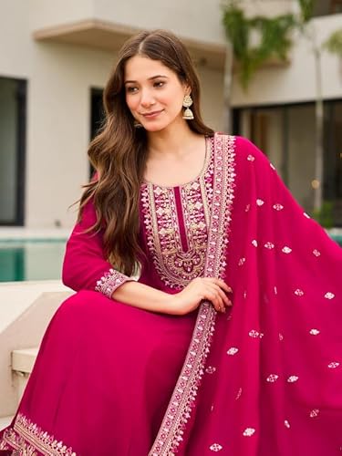 AVYUKTHA | Women Ethnic Motifs Embroidered Panelled Kurta with Trors & With Dupatta | Pink | Size- S