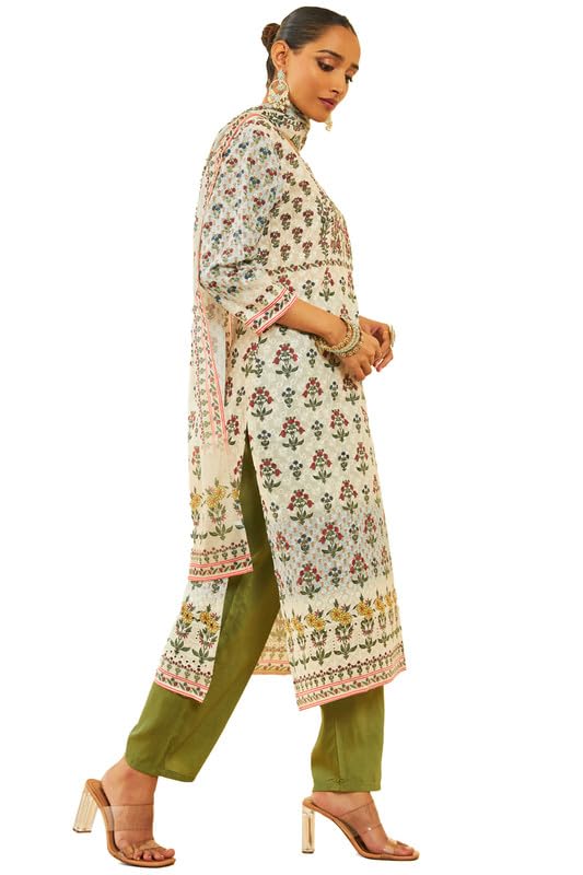 Soch Womens Cream Cotton Blend Floral Print With Embroidered Suit Set