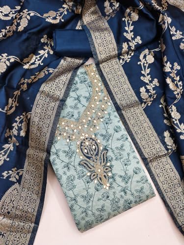 Leeli Peeri Designer Women's Chanderi Print With Embroidery Work Unstitched Salwar Suit Dress Material