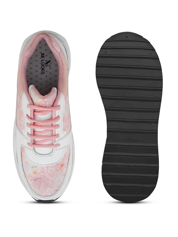 XE Looks Women Pink Printed Lace-Up Sneakers | Comfortable Lightweight Soft Sole Casual Shoes for Girls | Fashionable, and Stylish Design Footwear | Ideal for Walking, Running and Daily Use