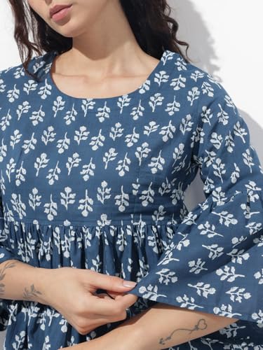 Divena Blue Floral Round Neck Peplum Top