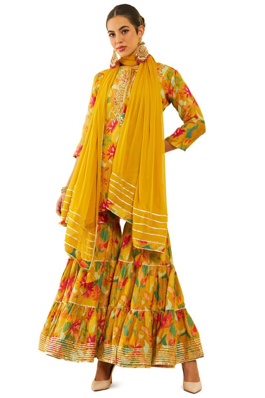 Soch Womens Mustard Yellow & Green Muslin Floral Printed Suit Set With Zardosi Work