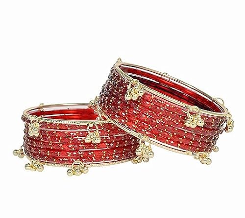शर्मा फैशन शॉप Kashmiri Ghangharoo Glass Bangle Set for Women| Light Weight Bangles | Traditional Transparent Fancy Glass Chudi Set for Wedding, Party| set of 16_Green_2.6