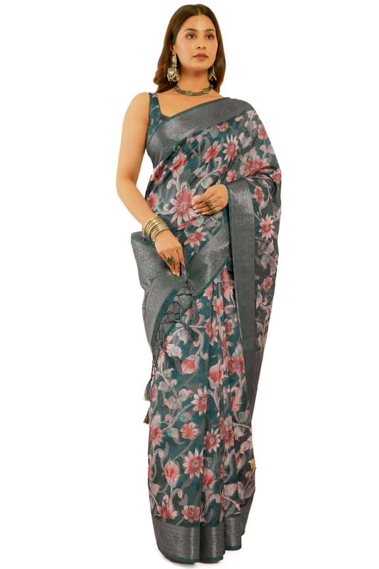 Soch Womens Teal Floral Print Jacquard Chanderi Saree