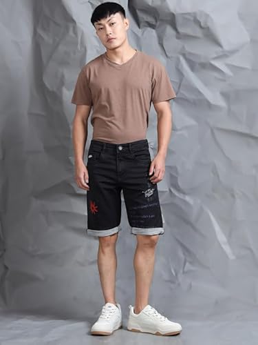 BEEVEE Men’s Cotton Black Text Printed Casual Shorts | 100% Yarn Dyed Structured Fabric, Mid Rise, Knee Length with Button Closure