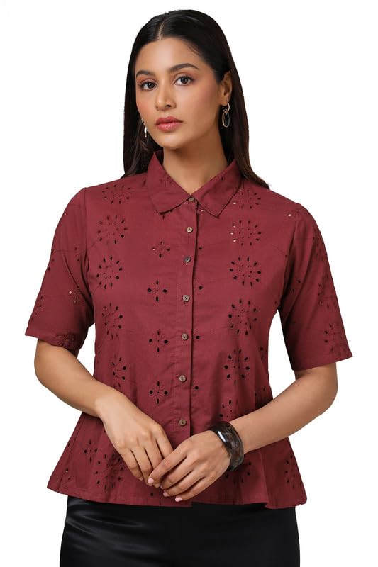 Soch Womens Maroon Cotton Blend Schiffli Tunic
