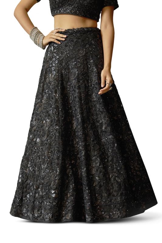 Soch Womens Black Net All-Over Floral Pattern Sequin Embellished Unstitched Lehenga Set