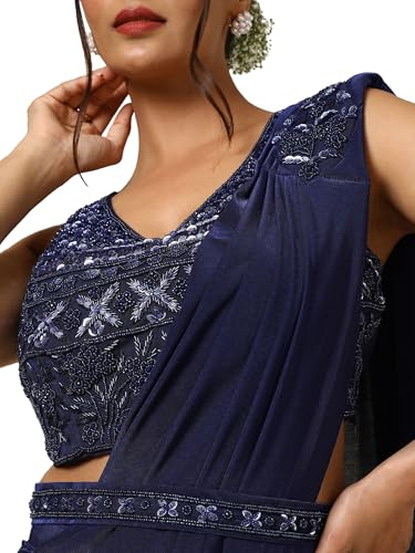 Soch Womens Navy Blue Nylon Blend Ready to Wear Saree With Sequins