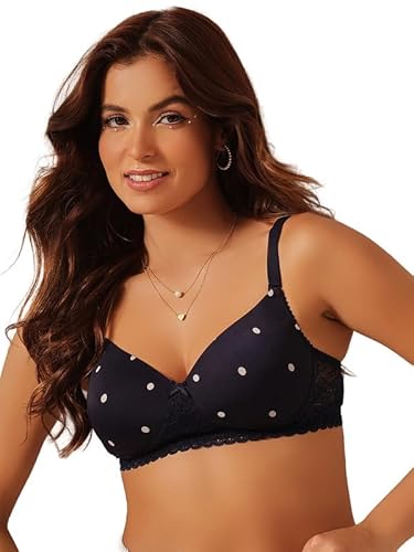 Clovia Women's Padded Non-Wired Full Coverage Polka Print Multiway T-Shirt Bra (BR1806G08_Blue_38B)