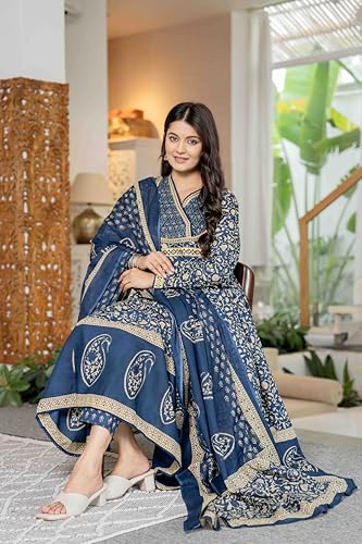 Pistaa's Women's Pure Cotton Anarkali Floral Printed Hand Work Kurta with Pant & Dupatta Set (Royal Midnight Blue, Large)