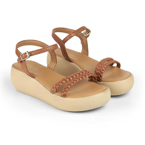 tresmode LEVE Tan Women's Dress Wedge Sandals in Size 5 UK / 38 EU