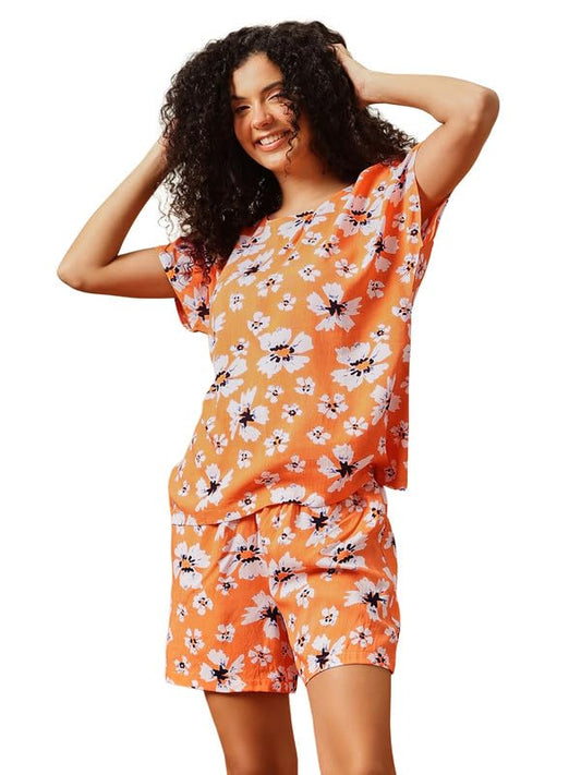 Clovia Women's Floral Printed Rayon Night Suit | Top and Shorts Sleepwear Set with Pocket | Nightwear Co-ord Set (LS0533D16_Orange_M)