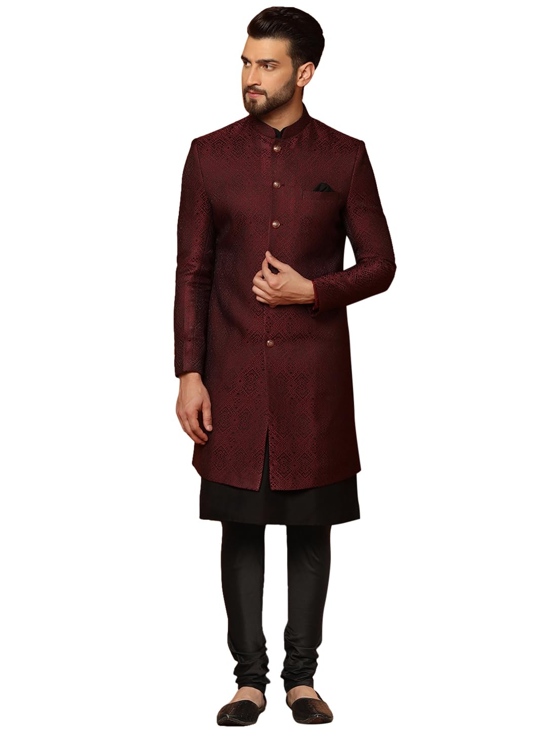 KISAH Mens Kurta Sherwani Churidar Set Silk Blend Jacquard, Indo-Western Ethnic Wear for Men, Maroon, 44