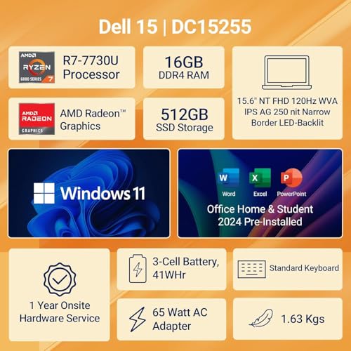 Dell 15, AMD Ryzen 7-7730U, 16GB DDR4, 512GB SSD, FHD, 15.6"/39.6cm, Windows 11, Microsoft Office Home 2024, Platinum Silver, 1.63Kg, [Dell 15], 120Hz 250nits, AMD Radeon Graphics,Thin & Light, Laptop