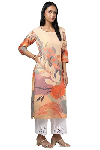 Soch Womens Peach Muslin Floral Print Kurta with Mirror Work