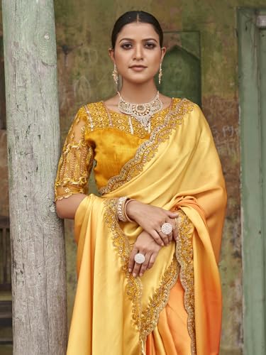 Zeel Clothing Women's Yellow Embellished Embroidered Satin Saree with Blouse (ZURI-1101-Yellow-Sarees-For-Womens, Yellow)