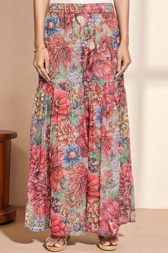 W for Woman Multicolour Printed Silver Chiffon Flared Kurta, Sharara and Dupatta Set (Size: L)-WS13199-126196