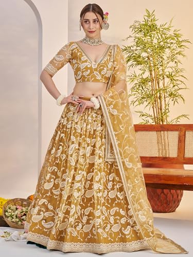 Zeel Clothing Women's Cotton Thread Sequins Work Embroidery Soft Net Lehenga Choli With Dupatta (NFH-2148-Light-Golden-Lehenga-Choli; Free size) (Light Golden)
