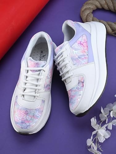 XE Looks Women Printed Lace-Up Sneakers | Comfortable Lightweight Soft Sole Casual Shoes for Girls | Fashionable, and Stylish Design Footwear | Ideal for Walking, Running and Daily Use (Purple)