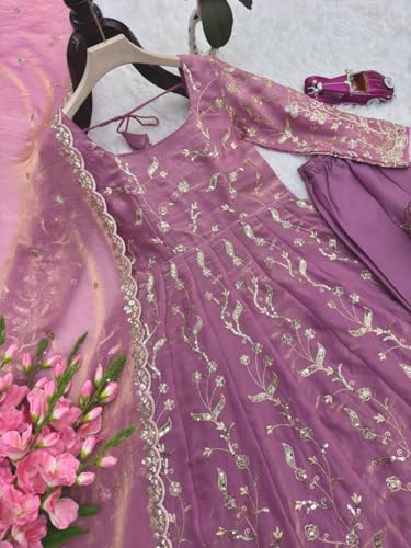 Women's Gown | Embroidery Work | Embroidered Heavy Fandy Silk Outfit | Designer Embroidered Dress with Dupatta || Long Sleeve Gowns (in, Alpha, M, Regular, Women, Light Purple)